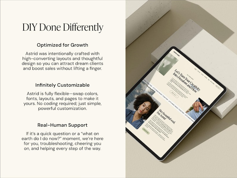 May include: A digital tablet displaying a website with the text "Let's Turn Your Creativity Into Freedom and Flow." The tablet is angled against a neutral background with the text "DIY Done Differently."