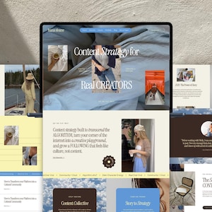 Könnte beinhalten: Ein Laptop-Bildschirm zeigt eine Website mit dem Titel Hana Sloane, die ein Content-Strategie-Layout mit verschiedenen Bildern, Serifentypografie und Textabschnitten wie Content Strategy for Real CREATORS und The Story-Driven CONTENT System enthält.