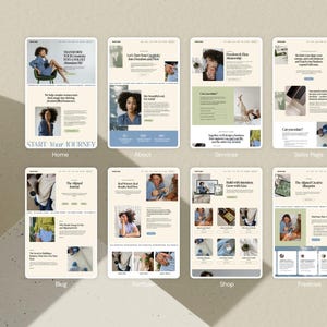 May include: A digital product mockup showcasing website design layouts. The image displays various website pages, including Home, About, Services, and Shop, with text and images. The design features a neutral color palette with blue and green accents.