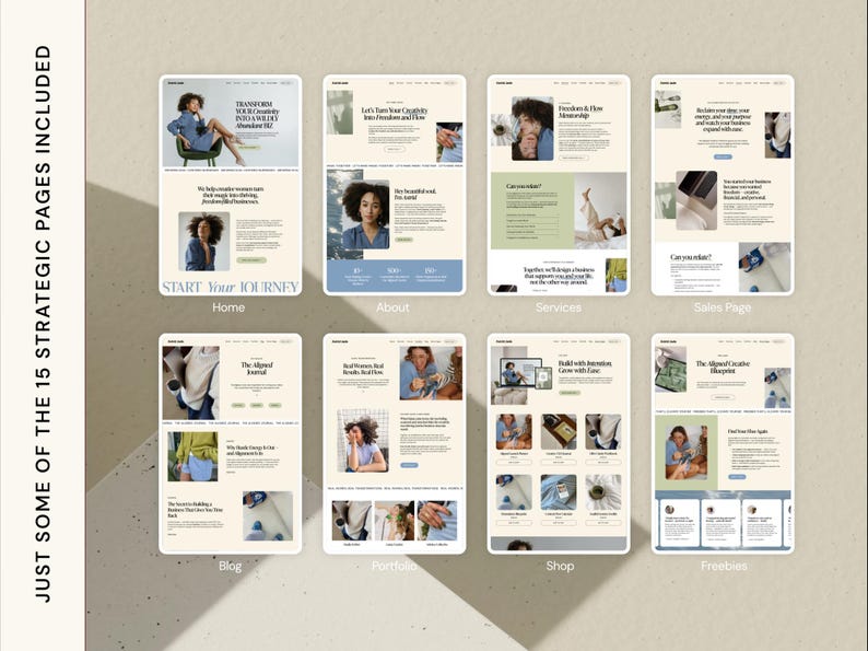 May include: A digital product mockup showcasing website design layouts. The image displays various website pages, including Home, About, Services, and Shop, with text and images. The design features a neutral color palette with blue and green accents.