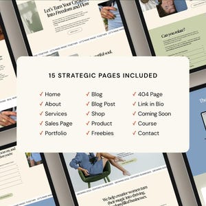 May include: A digital marketing website design with a light beige and green color scheme. The design includes the text "Let's Turn Your Creativity Into Freedom and Flow" and a list of 15 strategic pages.