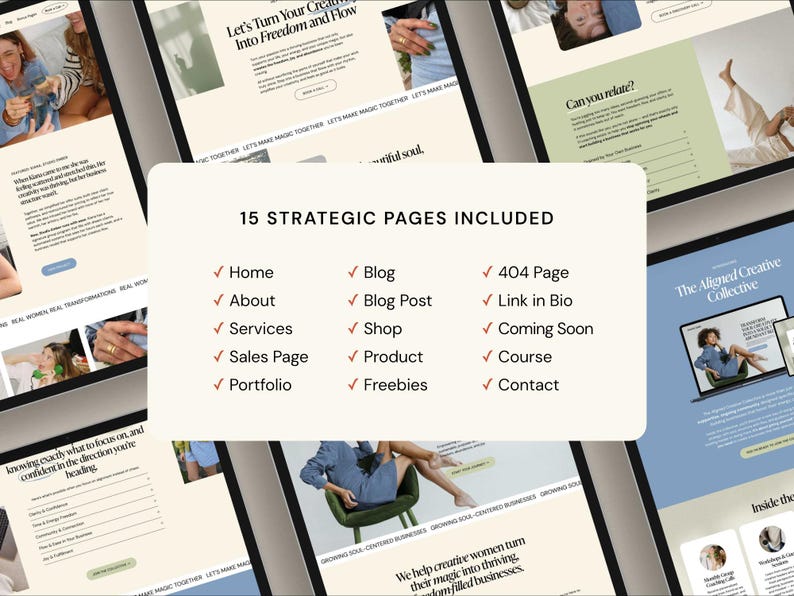 May include: A digital marketing website design with a light beige and green color scheme. The design includes the text "Let's Turn Your Creativity Into Freedom and Flow" and a list of 15 strategic pages.
