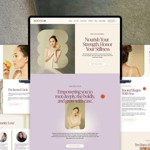 Puede incluir: Una pantalla de portátil que muestra un sitio web titulado ROOTED con una paleta de colores beige y lavanda. El sitio presenta texto que incluye Nourish Your Strength, Honor Your Stillness y Empowering you to root deeply, rise boldly, and grow with ease.