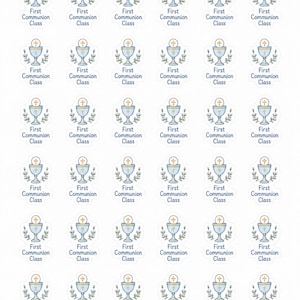 May include: A sheet of thirty-six identical stickers featuring a light blue chalice with a gold cross, surrounded by green leaves, and the text First Communion Class. At the top, a logo displays the text Liz C Plans Stickers with a blue bow.