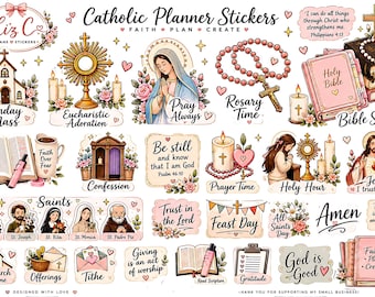 May include: A collection of Catholic planner stickers featuring illustrations of a church, monstrance, Virgin Mary, rosary, Bible, and various saints. The stickers include religious text such as 'Sunday Mass', 'Pray Always', 'Bible Study', and 'Amen'.