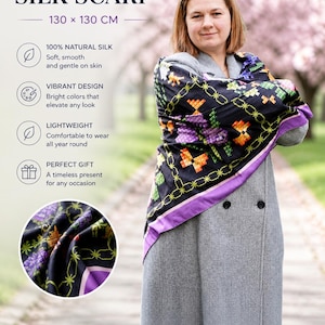 Può includere: Una donna indossa una sciarpa di seta nera con un vivace motivo floreale e un bordo viola. La sciarpa misura 130 x 130 cm ed è realizzata in seta naturale al 100%. È leggera e adatta a tutte le stagioni.