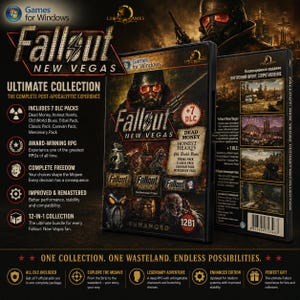 May include: Fallout: New Vegas Ultimate Collection game box set. The box features the game title, character art, and includes 7 DLC packs. The game is described as an award-winning RPG with complete freedom and improved performance.