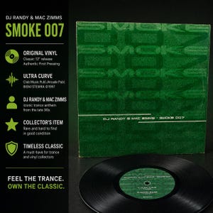 Op de afbeelding: Een vinylplaat en albumhoes voor "Smoke 007" van DJ Randy & Mac Zimms. De albumhoes is groen met het woord "Smoke" herhaald. De plaat is zwart met groene en witte tekst. De tekst op de albumhoes luidt "Original Vinyl" en "Collector's Item".