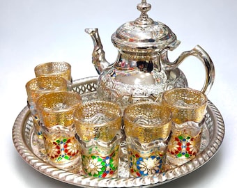 Juego de té marroquí de plata con bandeja y 6 vasos de colores – Juego de tetera hecho a mano, servicio de té tradicional marroquí, elegante idea de regalo