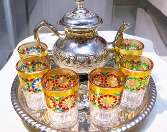 Traditional Moroccan Tea Set – 6 Hand-Painted Tea Glasses, Silver Teapot & 32cm Serving Tray – Moroccan Tea Ceremony Set