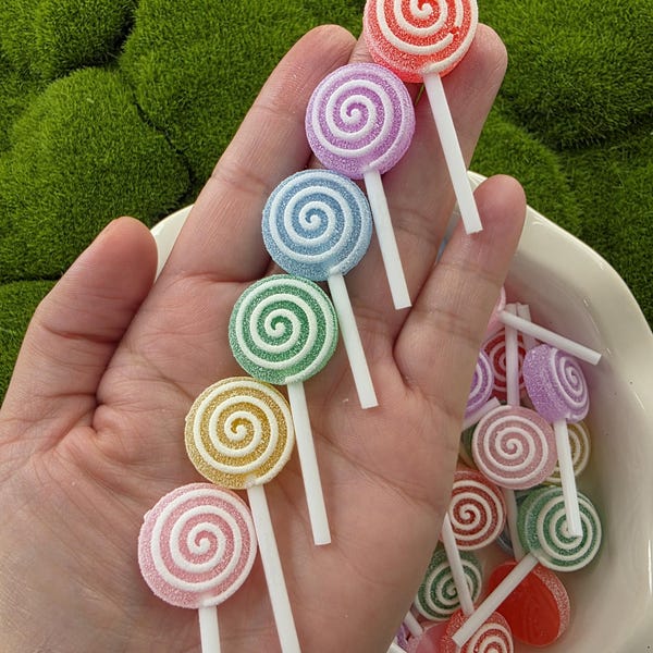 Fake Lollipop Cabochons – Set of 6 Sugar Candy Charms, Decoden Supplies, Fake Dessert Charms, Kawaii Craft Embellishments