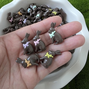 以下が含まれることがあります： パステルカラーのリボンアクセントが付いた、小さな茶色のウサギの置物。ウサギは様々なポーズをしており、立っているものもあれば、横になっているものもあります。白い縁の皿に、緑色の背景で展示されています。
