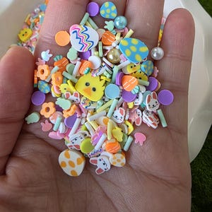 May include: A handful of colorful Easter-themed polymer clay sprinkles. The mix includes egg shapes, bunnies, chicks, carrots, flowers, and round beads in pastel colors. These decorative sprinkles are perfect for crafts and baking.