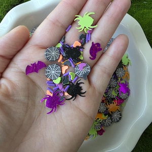 Op de afbeelding: Een handvol Halloween-thema confetti in verschillende vormen en kleuren. De confetti bevat spinnen, spinnenwebben, vleermuizen en geesten in tinten zwart, paars, groen en oranje. De confetti wordt vastgehouden in een wit, geschulpte schaal.