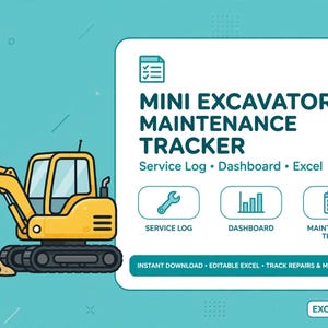 Feuille de calcul Excel pour le suivi de la maintenance des mini-pelles | Outil de suivi de l'entretien des engins de chantier avec tableau de bord