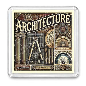 May include: A square architectural design magnet with the word "ARCHITECTURE" in bold letters. The design features columns, a compass, and other drafting tools in shades of brown, beige, and black.