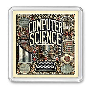 May include: A square magnet with a vintage-style design featuring the words "COMPUTER SCIENCE" in bold white letters. The design includes a brain illustration, a keyboard, and other technical elements in a cream, black, and orange color scheme.