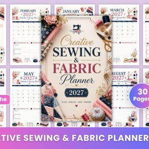 Peut inclure: Un agenda de couture et de tissus 2027 de 15,24 x 22,86 cm avec 30 pages. La couverture porte le texte Creative Sewing & Fabric Planner 2027, Plan Create Sew Inspire, et des illustrations de fournitures de couture, de tissus et d'une machine.