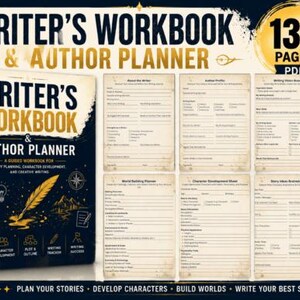 May include: A digital writer's workbook and author planner featuring a dark blue cover with gold text and a quill illustration. The set includes 130 pages in PDF format, with templates for story planning, character development, and world building.