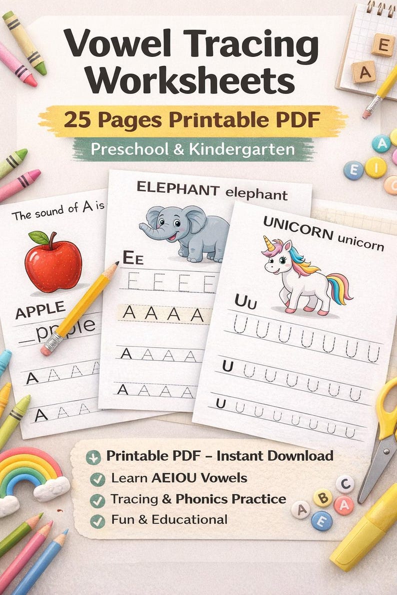 Vowel Tracing Worksheets Printable PDF – Learn AEIOU Letters for ...