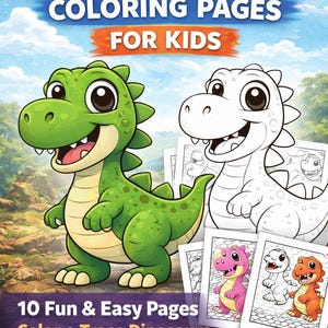 Puede incluir: Portada de libro para colorear con el título "DINOSAUR COLORING PAGES FOR KIDS". Muestra un dinosaurio verde y un contorno en blanco y negro de un dinosaurio. La portada también incluye el texto "10 Fun & Easy Pages Color + Trace Dinosaurs" y un botón "SHOP NOW".