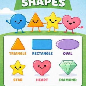 Puede incluir: Un colorido póster educativo titulado "Learning Shapes" presenta formas animadas como un círculo azul, un triángulo naranja, una estrella amarilla y un corazón rosa. Debajo, un triángulo, un rectángulo, un óvalo, una estrella, un corazón y un diamante están etiquetados. Edades 2-5.