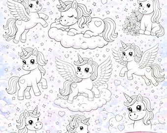 Puede incluir: Una portada de libro para colorear con el texto "COLORING PAGES UNICORN" en rosa y morado. La imagen presenta múltiples dibujos lineales de unicornios con alas, corazones y arcoíris. La esquina inferior derecha tiene el texto "10 Pages Instant Download".