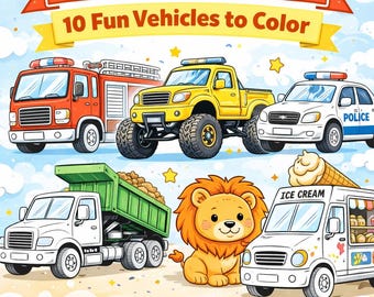Puede incluir: Portada de libro para colorear infantil con el título "Vehicles Coloring Pages". La imagen presenta ilustraciones de un camión de bomberos, un monster truck, un coche de policía, un camión volquete, un camión de helados y un león. El texto dice "10 Fun Vehicles to Color" y "Printable PDF Ages 3-6."