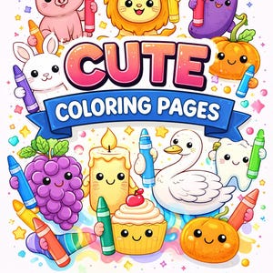 Puede incluir: Ilustración colorida con el texto "CUTE COLORING PAGES". La imagen presenta varios personajes de dibujos animados, incluyendo un cerdo, un león, un conejo y otros, cada uno sosteniendo un crayón. El diseño es alegre y adecuado para niños.