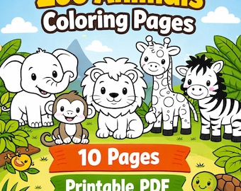Zoo Animals Coloring Pages Printable for Kids Cute Animal Coloring Book PDF Toddler Preschool Activity Instant Download