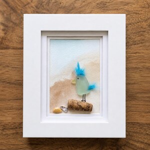 Funky Recycled Sea Glass Bird and Cork Framed Art — Watercolor
