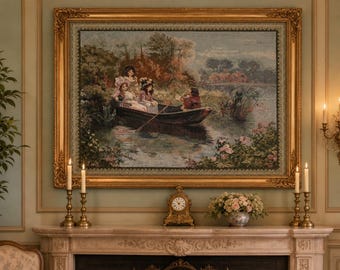 Romantisch victoriaanse gobelin-wandtapijt met scène aan het meer, Turks geweven jacquard muurkunst