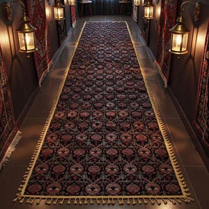 Puede incluir: Una alfombra de pasillo rectangular larga con una base de color negro oscuro y patrones florales y geométricos intrincados en tonos rojo intenso, rosa apagado y crema. La alfombra está terminada con un fleco de color crema en ambos extremos.