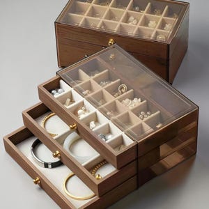 May include: Wooden jewelry boxes with clear glass lids and multiple drawers. The boxes are filled with various jewelry pieces, including necklaces, bracelets, and earrings. The drawers have individual compartments for organized storage. The boxes are made of dark wood.