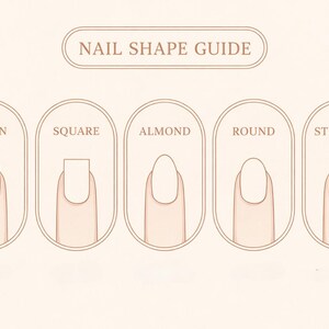May include: A nail shape guide showing five nail styles: coffin, square, almond, round, and stiletto. Each shape is illustrated with a white nail on a pink finger, labelled with its name in a brown font.