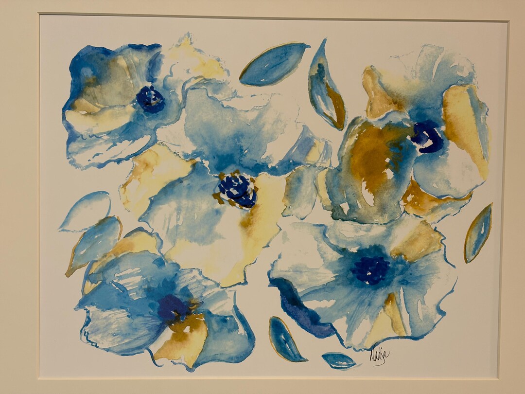 16x20 Signed Watercolor Floral Print – Blue Flower Wall Art – Modern ...