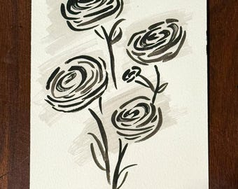 Abstracte afdrukbare muurkunst zwart-witte bloemenaquarel