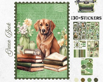 Bullet Journal Stickers – Green Book | Back to School Planner Stickers | Books & Dogs | Autumn Bujo