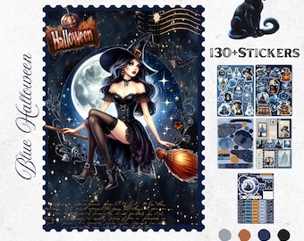 October Bullet Journal Stickers – Blue Halloween | Midnight Blue Halloween Planner Stickers | Autumn Bujo | Planner Decoration
