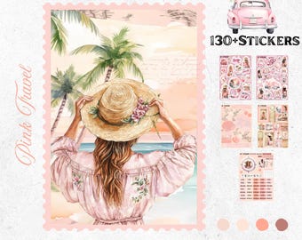 Bullet Journal Stickers July – Pink Travel | Travel & Adventure Powder Pink | Summer Planner Organization | Handmade Stickers