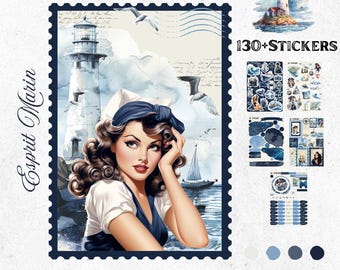 Summer Bullet Journal Stickers – Nautical Theme | Navy Blue & Vintage Pin-Up Nautical | Holiday Planner Organization | Handmade - summer
