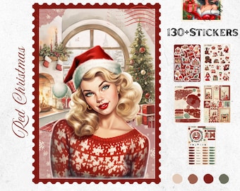 December Bullet Journal Stickers – Red Christmas | Vintage Christmas Planner Stickers | Cozy Family Bujo | Red & Beige