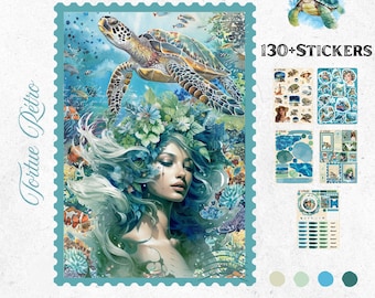 July Bullet Journal Stickers – Retro Turtle | Turquoise Sea Background & Seaside Vacation | Summer Planner Organization | Handmade