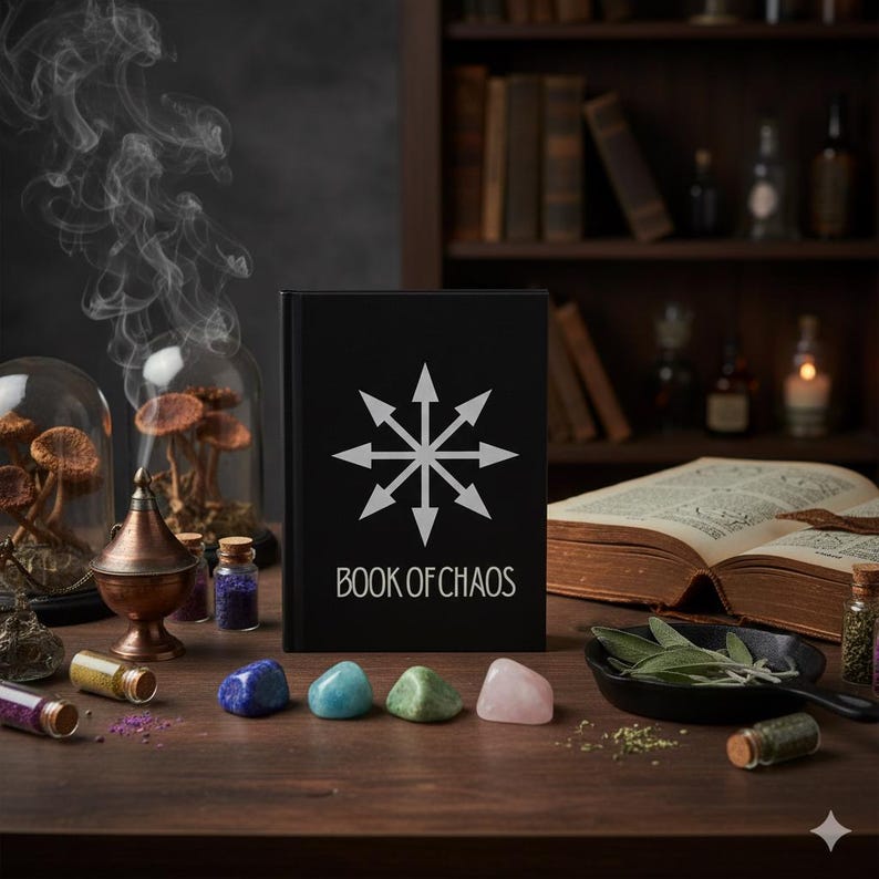 May include: A black book titled "BOOK OF CHAOS" with a silver symbol. The image features crystals, herbs, and a smoking incense burner on a wooden table. A shelf with books is in the background.