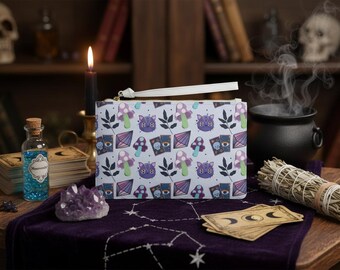 Occult Clutch Bag, Black Cat Tarot Card Purse, Crystal Floral Wristlet, Witchy Goth Accessory, Unique Handmade Gift