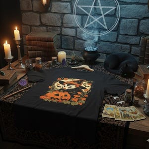 Peut inclure: T-shirt noir avec un motif d'Halloween représentant un chat avec un chapeau de sorcière, des citrouilles et des feuilles d'automne. La chemise est posée sur une table avec des bougies, des livres et un chat noir.