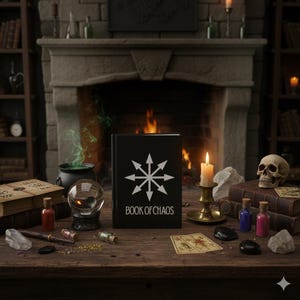 May include: A black book titled "BOOK OF CHAOS" with a white symbol, set on a wooden table with other occult items. A lit candle, crystal ball, skull, and potion bottles are also present, creating a mystical atmosphere.