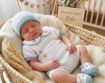 Conjunto de punto blanco y azul para recién nacido, ropa de bebé de primera puesta de punto en español para salir del hospital de algodón
