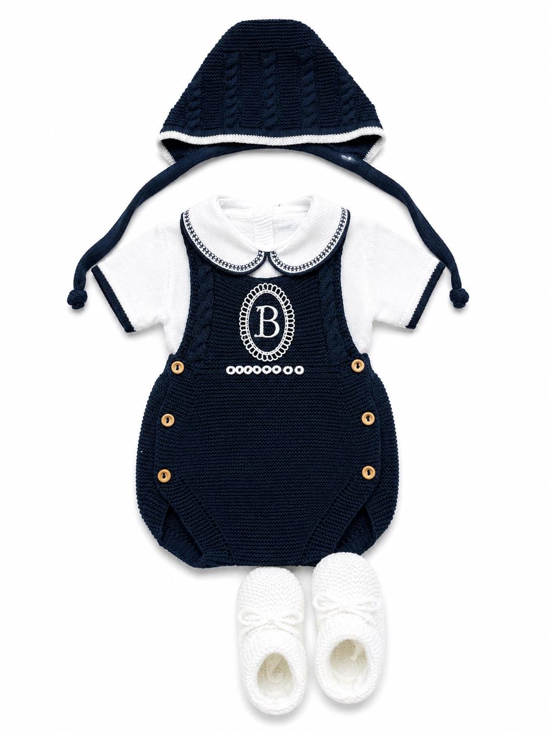 Knit Newborn Boy Cotton white Spanish knitted newborn outfit cotton set peto primera puesta clothing first Traje punto footie