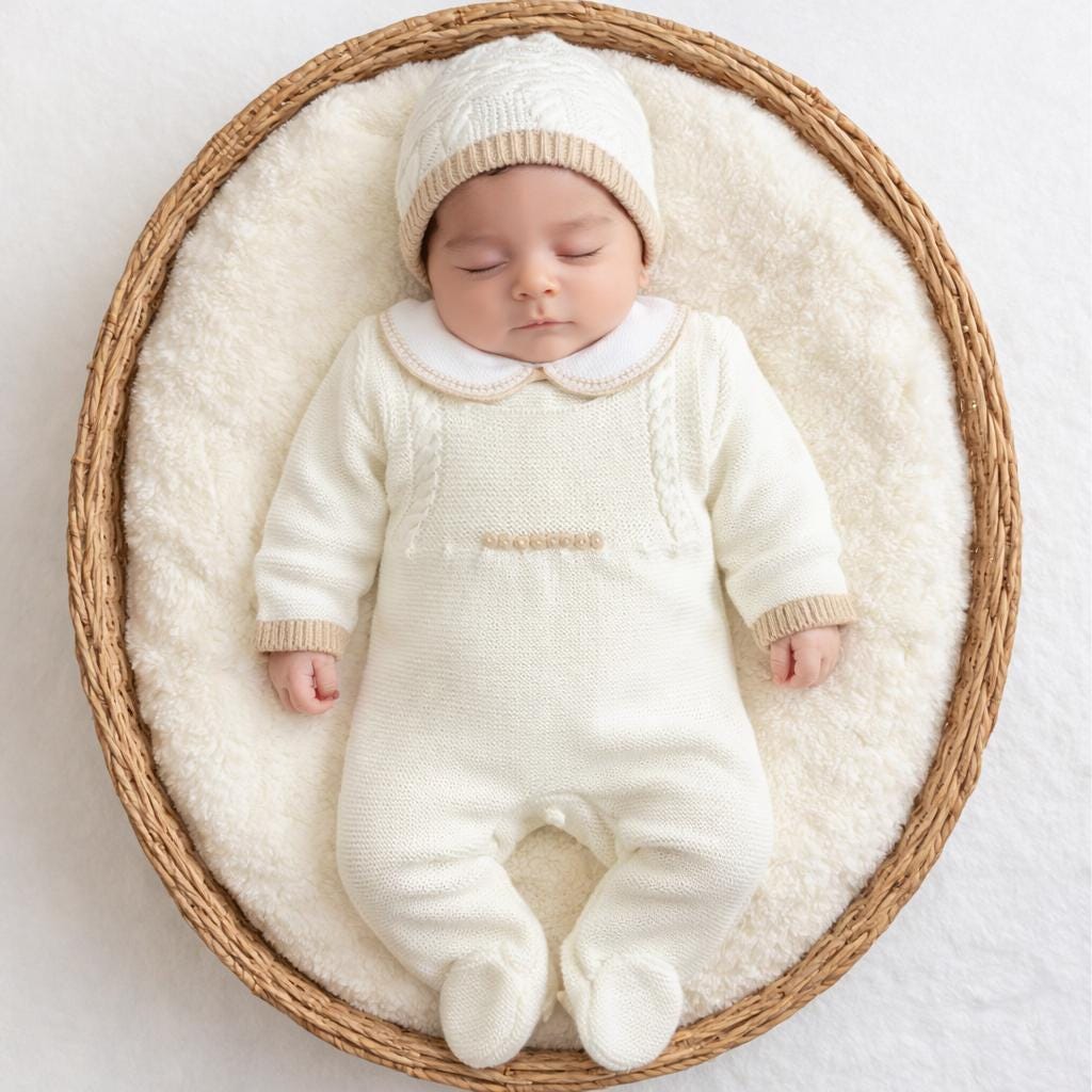Newborn knitted Spanish knit outfit set peto primera puesta baby boy clothing first outfit Traje punto bebe Embarazada footie peto romper